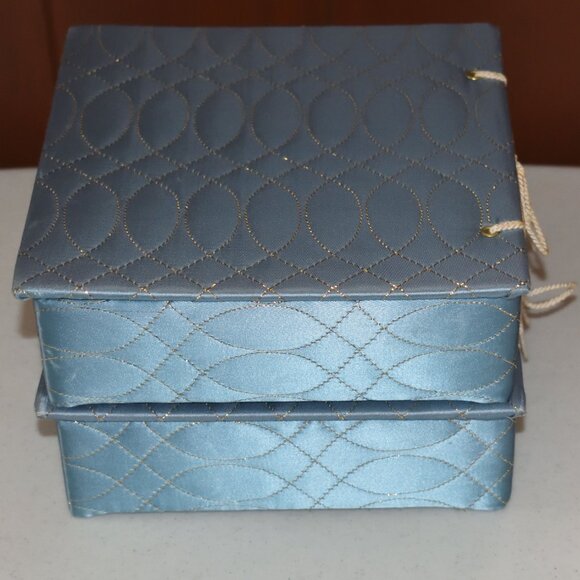 Lot of (2) Vtg Blue Quilted Satin Vanity Square Box For Glove Handkerchief Scarf - Picture 3 of 8